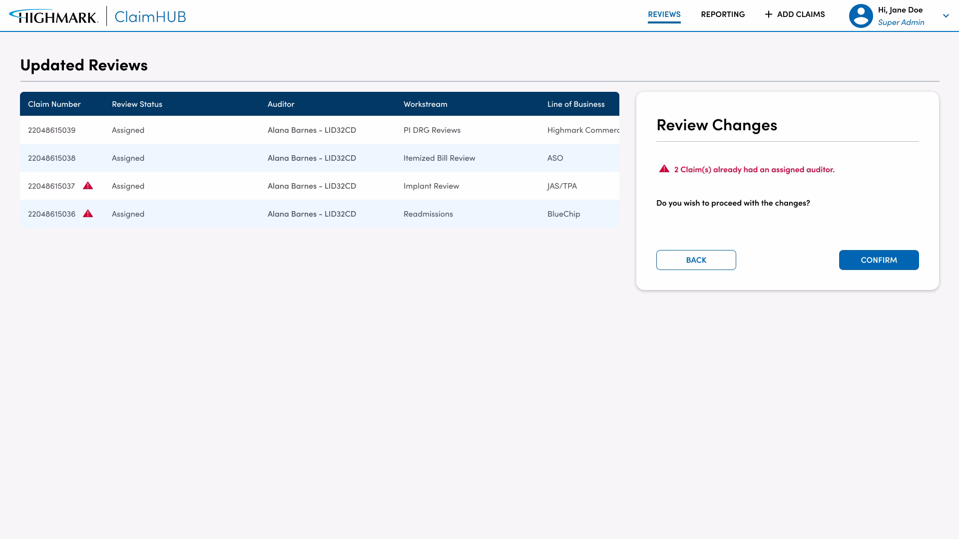 Claim HUB bulk action review changes