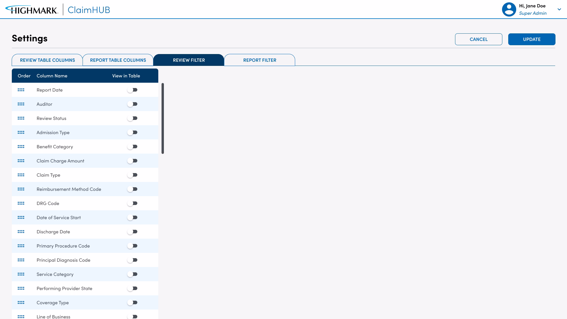 Claim HUB configurable review table